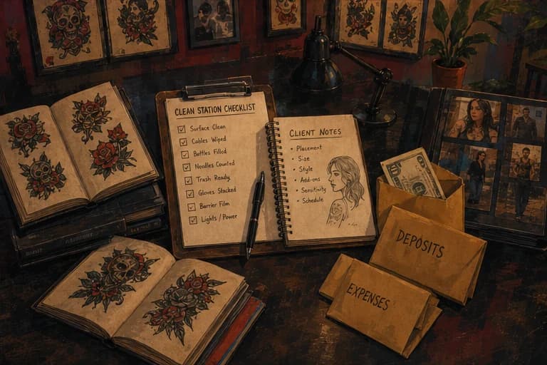 Illustrated tattoo artist growth desk with sketchbooks, client notes, and studio records