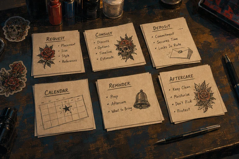 Illustrated tattoo booking workflow cards arranged across a studio workbench