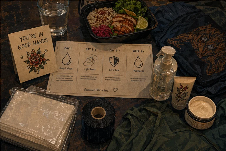 Illustrated first tattoo preparation and aftercare supplies