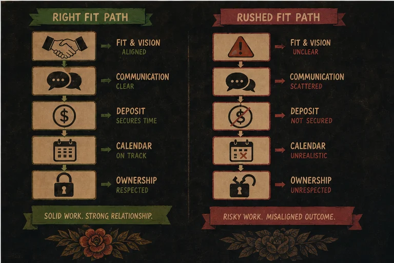 Illustrated side-by-side comparison of two tattoo booking workflows