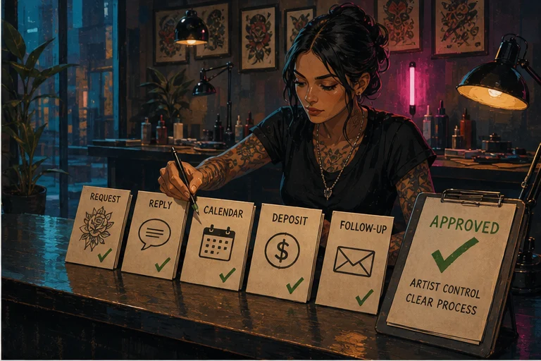 Illustrated tattoo artist approving organized request and communication cards