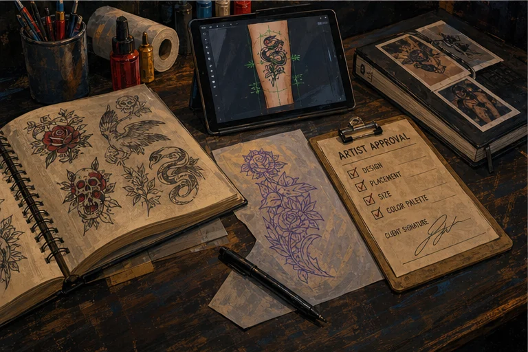 Illustrated tattoo drawing, stencil, placement, and digital tool workflow
