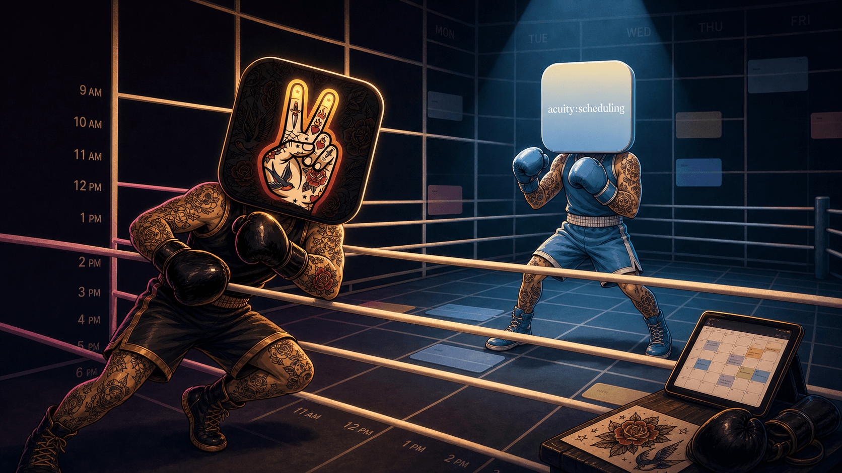 LVL2's tattoo-shop boxer facing Acuity's boxer in the ring