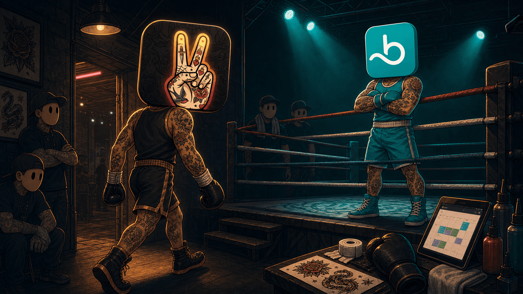 LVL2's tattoo-shop boxer facing Booksy's boxer in the ring