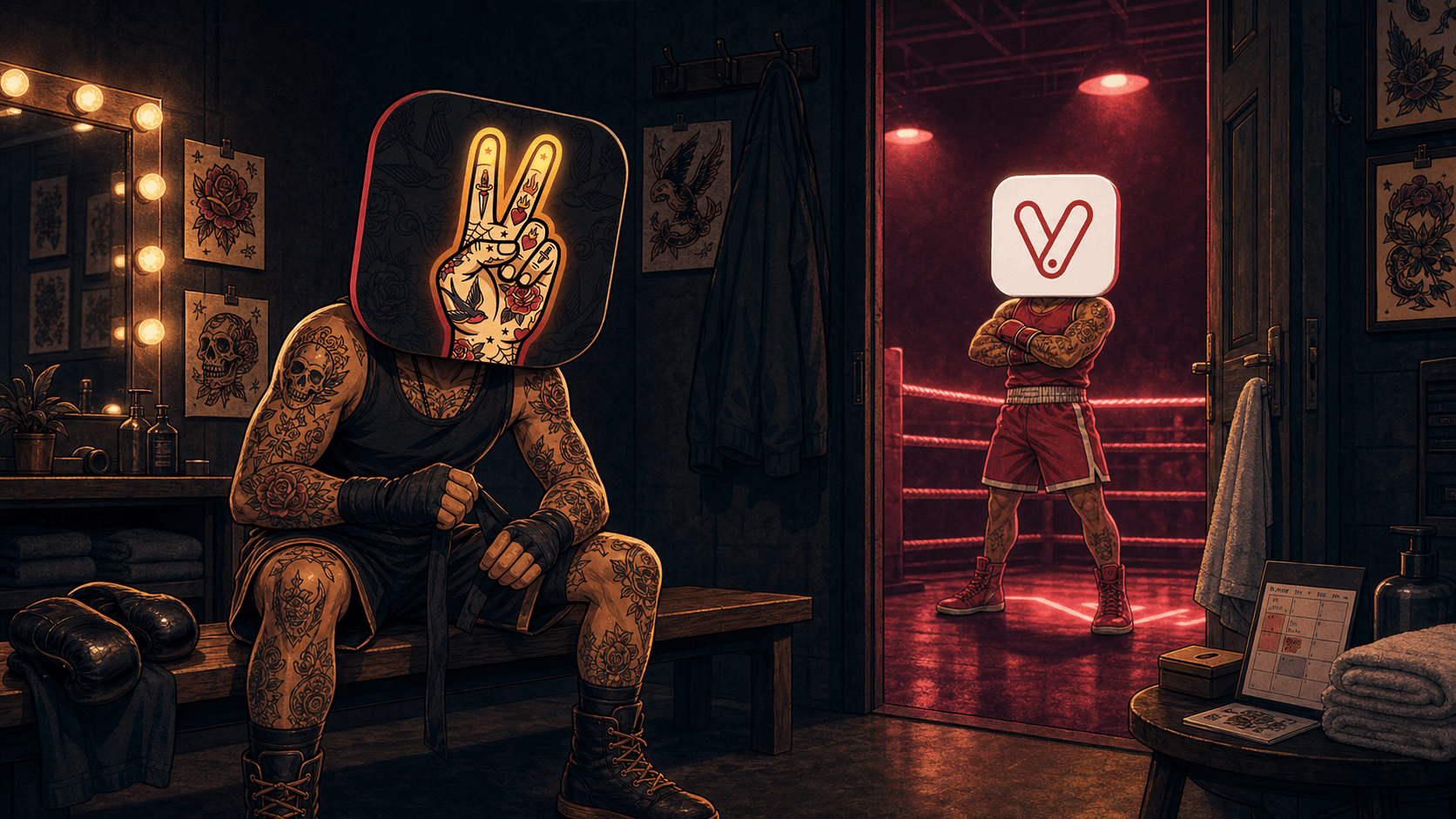 LVL2's tattoo-shop boxer facing Vagaro's boxer in the ring