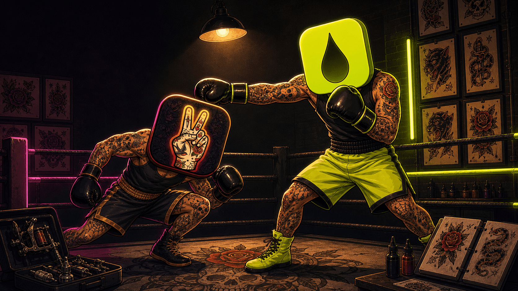 LVL2's tattoo-shop boxer facing Venue Ink's boxer in the ring