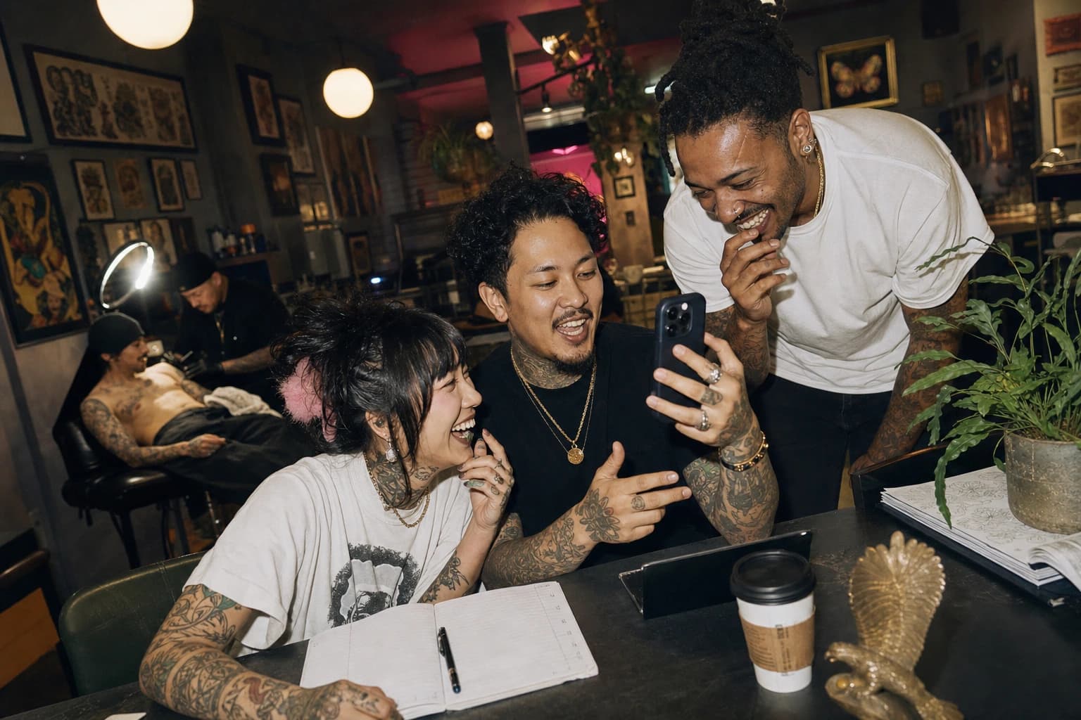 Tattoo shop crew laughing together while catching up on booking messages
