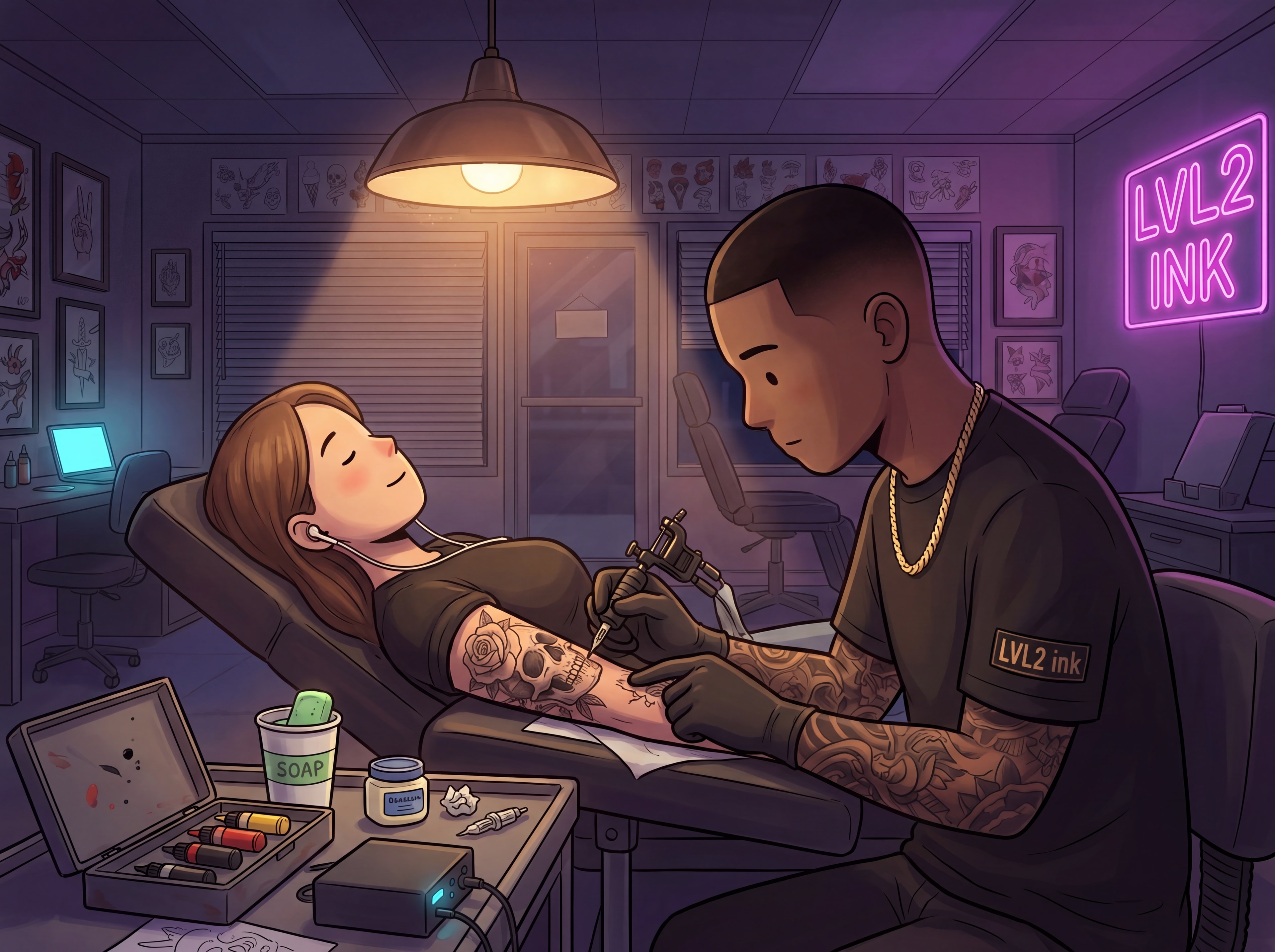 Late-night tattoo shop scene with artist finishing admin after sessions