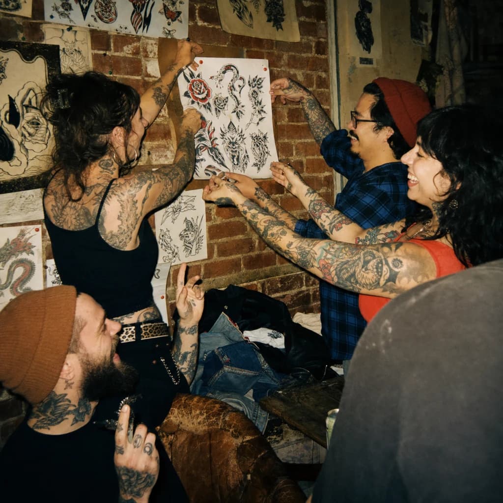 Tattoo shop crew planning the day while pinning up fresh flash